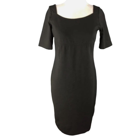 TALBOTS Black Pointe Knit Stretch Short Sleeve Square Neck Midi Dress Size 14 - Picture 1 of 16